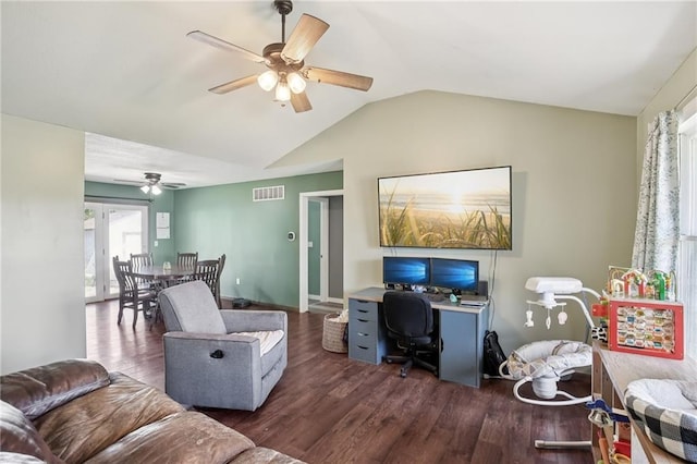 1022 N Davis Rd, Ottawa, KS 66067 - living area featuring a ceiling fan, lofted ceiling, wood finished floors, and a desk