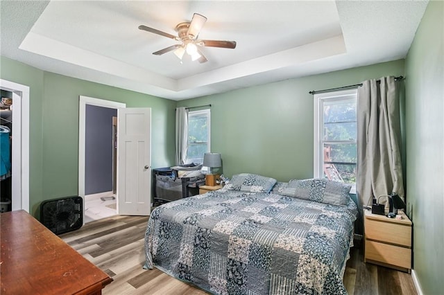 1022 N Davis Rd, Ottawa, KS 66067 - bedroom featuring a raised ceiling, multiple windows, and wood finished floors