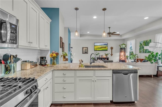1302 N 159th St, Basehor, KS 66007 - kitchen featuring appliances with stainless steel finishes, a peninsula, a sink, white cabinetry, and light stone counters