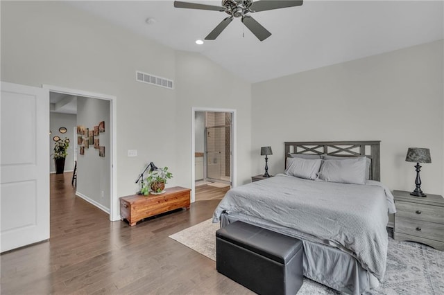 1302 N 159th St, Basehor, KS 66007 - bedroom with high vaulted ceiling, wood finished floors, baseboards, recessed lighting, and a ceiling fan