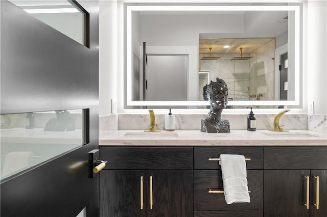 4550 Bell St, Kansas City, MO 64111 - full bathroom featuring double vanity and a stall shower