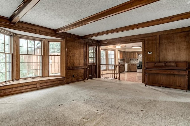 10404 Flint St, Overland Park, KS 66214 - unfurnished living room with a textured ceiling, beam ceiling, light carpet, healthy amount of natural light, and wood walls