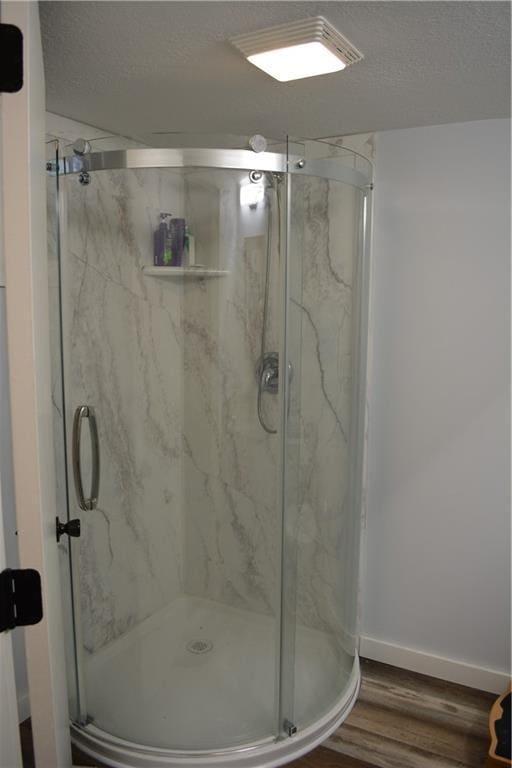 7141 SW F Hwy, Trimble, MO 64492 - full bath featuring wood finished floors, a textured ceiling, a marble finish shower, and baseboards