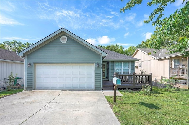 208 Pratt Ave, Bonner Springs, KS 66012 - ranch-style house featuring concrete driveway, a wooden deck, and a garage