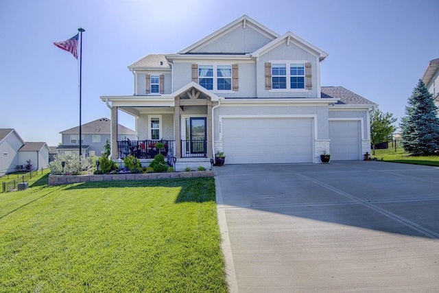 14485 S Houston St, Olathe, KS 66061 - craftsman house featuring concrete driveway, a garage, a front yard, and covered porch