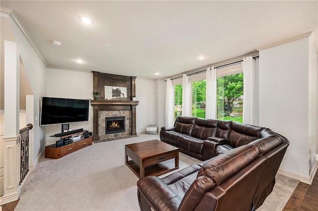 10601 N Euclid Ave, Kansas City, MO 64155 - living area featuring crown molding, a fireplace, baseboards, recessed lighting, and wood finished floors