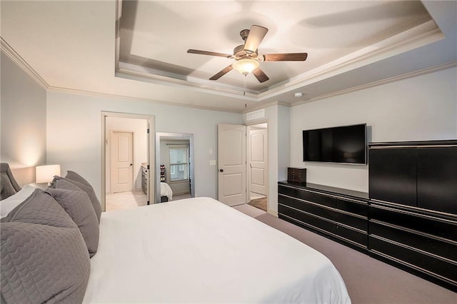 10601 N Euclid Ave, Kansas City, MO 64155 - bedroom featuring a tray ceiling, crown molding, ceiling fan, and carpet flooring