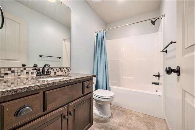 10601 N Euclid Ave, Kansas City, MO 64155 - bathroom with toilet, shower / tub combo with curtain, vanity, decorative backsplash, and stone finish floors