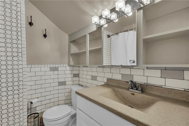 228 S Elm St, Ottawa, KS 66067 - full bathroom featuring tile walls, vanity, toilet, a shower with curtain, and backsplash