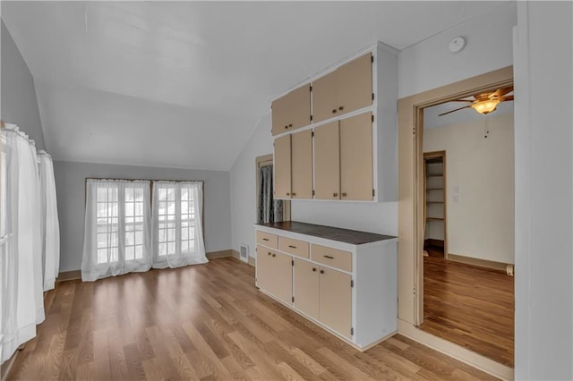 228 S Elm St, Ottawa, KS 66067 - kitchen featuring light wood-style floors, lofted ceiling, baseboards, and a ceiling fan