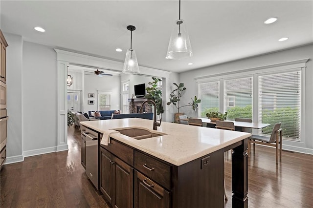 3205 SW Mary St, Lees Summit, MO 64081 - kitchen featuring a sink, dishwasher, recessed lighting, dark brown cabinets, and dark wood-style floors