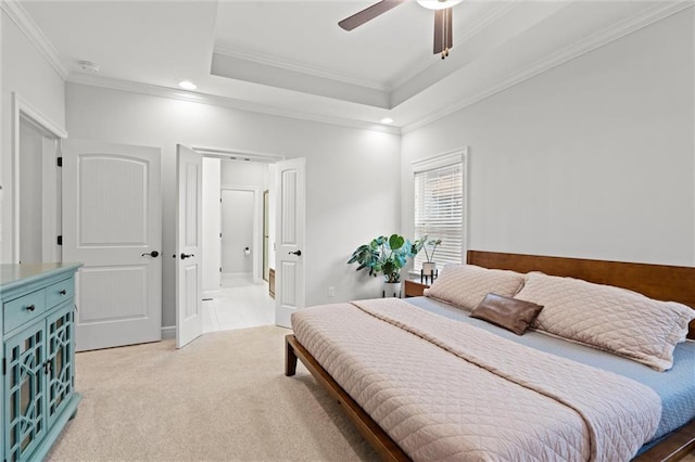 3205 SW Mary St, Lees Summit, MO 64081 - bedroom with crown molding, recessed lighting, light colored carpet, a raised ceiling, and a ceiling fan