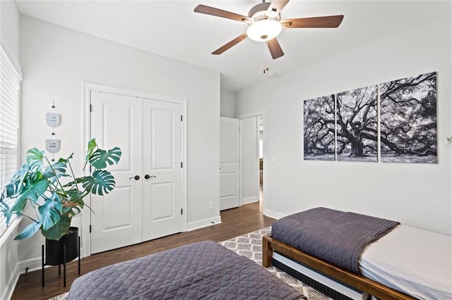 3205 SW Mary St, Lees Summit, MO 64081 - bedroom with wood finished floors, baseboards, a closet, and a ceiling fan