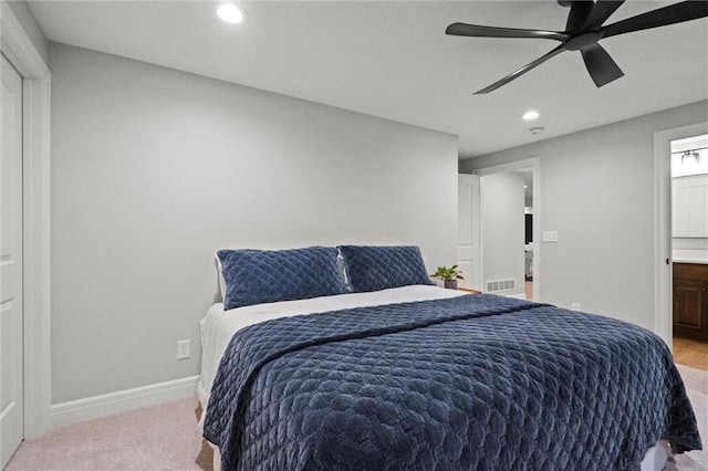3205 SW Mary St, Lees Summit, MO 64081 - carpeted bedroom featuring recessed lighting, baseboards, ensuite bath, and a ceiling fan