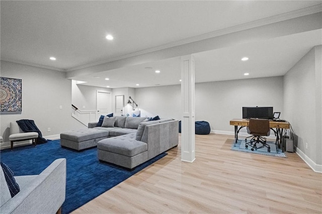 3205 SW Mary St, Lees Summit, MO 64081 - living room featuring light wood-style flooring, recessed lighting, stairway, baseboards, and an office area