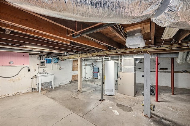 614 S 7th St, Atchison, KS 66002 - unfinished below grade area featuring water heater, heating unit, and a sink