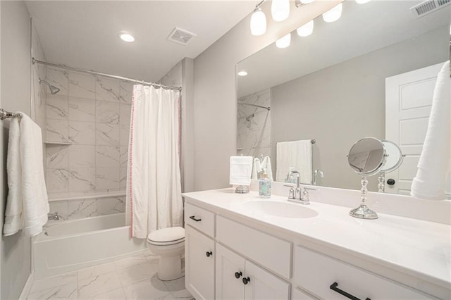 4112 W 156th St, Overland Park, KS 66224 - bathroom featuring marble finish floors, toilet, shower / bath combination with curtain, vanity, and recessed lighting