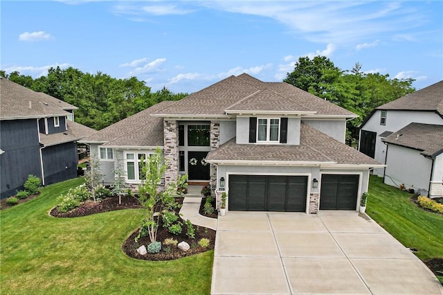 4112 W 156th St, Overland Park, KS 66224 - view of front of house featuring driveway, stucco siding, a front lawn, and roof with shingles