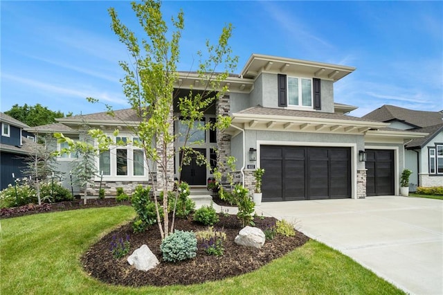 4112 W 156th St, Overland Park, KS 66224 - prairie-style home featuring stone siding, stucco siding, and concrete driveway