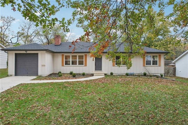 618 E 108th Ter, Kansas City, MO 64131 - ranch-style house with board and batten siding, a garage, a chimney, concrete driveway, and roof with shingles
