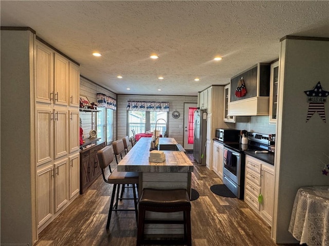 516 E 614th St, Girard, KS 66743 - kitchen with stainless steel appliances, a sink, dark wood-style floors, a kitchen island with sink, and premium range hood
