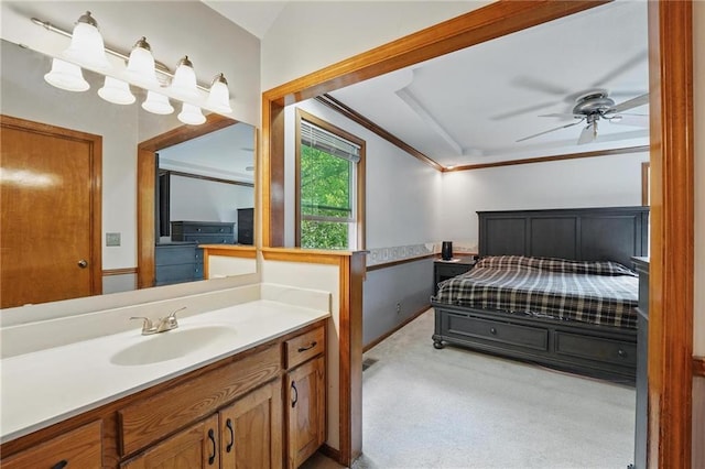 14713 W 149th Ct, Olathe, KS 66062 - bathroom featuring ornamental molding, ceiling fan, and vanity