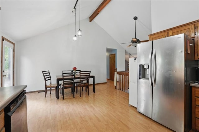 14713 W 149th Ct, Olathe, KS 66062 - dining space featuring ceiling fan, light wood finished floors, beam ceiling, high vaulted ceiling, and baseboards