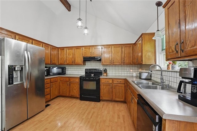 14713 W 149th Ct, Olathe, KS 66062 - kitchen with black appliances, a sink, brown cabinetry, decorative backsplash, and light wood-type flooring