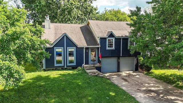 14713 W 149th Ct, Olathe, KS 66062 - view of front of house featuring a front lawn, an attached garage, driveway, a chimney, and a shingled roof