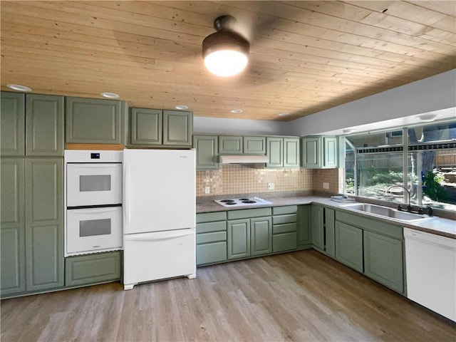 15405 E 40th St, Independence, MO 64055 - kitchen with green cabinets, white appliances, a sink, wooden ceiling, and light wood-style flooring