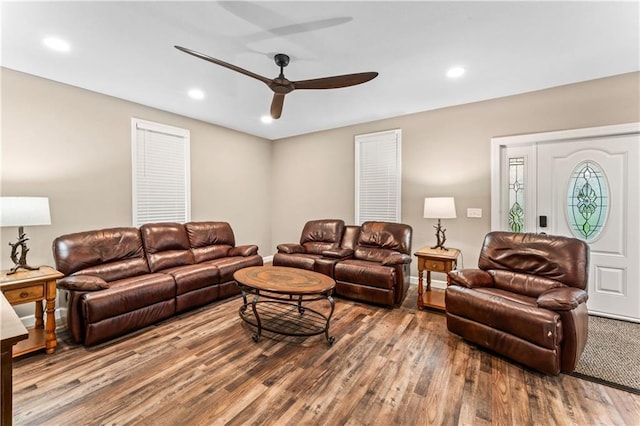 1105 S Gordon St, Concordia, MO 64020 - living room featuring a ceiling fan, wood finished floors, and recessed lighting