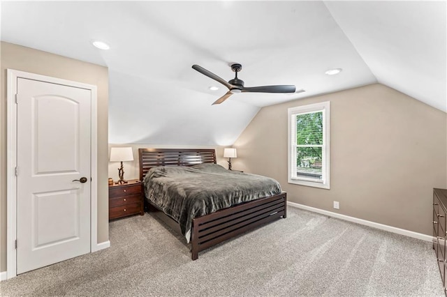 1105 S Gordon St, Concordia, MO 64020 - bedroom featuring baseboards, vaulted ceiling, carpet, recessed lighting, and ceiling fan