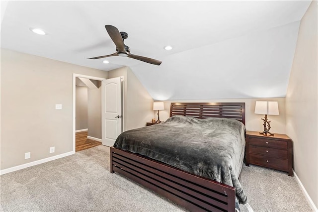 1105 S Gordon St, Concordia, MO 64020 - carpeted bedroom with baseboards, recessed lighting, vaulted ceiling, and a ceiling fan