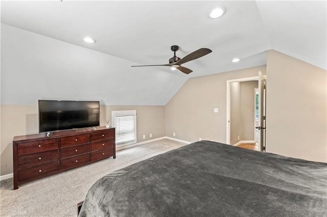 1105 S Gordon St, Concordia, MO 64020 - bedroom with vaulted ceiling, carpet flooring, baseboards, a ceiling fan, and recessed lighting