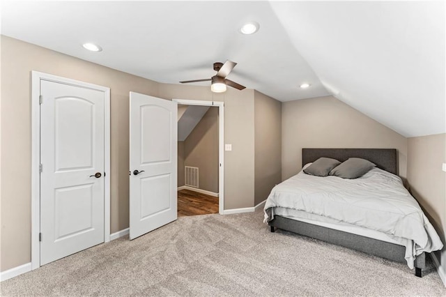 1105 S Gordon St, Concordia, MO 64020 - carpeted bedroom with vaulted ceiling, recessed lighting, baseboards, and ceiling fan