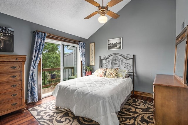218 NE Bayview Dr, Lees Summit, MO 64064 - bedroom with access to exterior, wood finished floors, high vaulted ceiling, baseboards, and a ceiling fan
