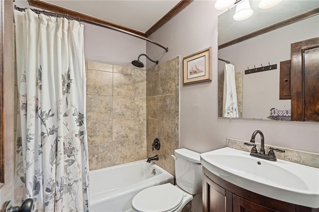 218 NE Bayview Dr, Lees Summit, MO 64064 - bathroom featuring shower / bath combination with curtain, vanity, toilet, and crown molding