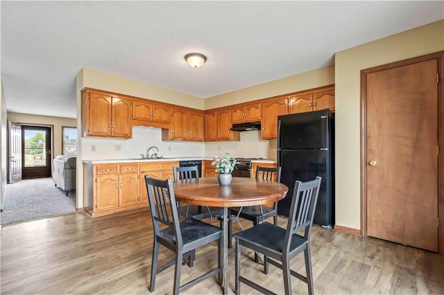 1109 Jeff Cir, Paola, KS 66071 - kitchen featuring black appliances, light countertops, light wood-type flooring, under cabinet range hood, and a textured ceiling