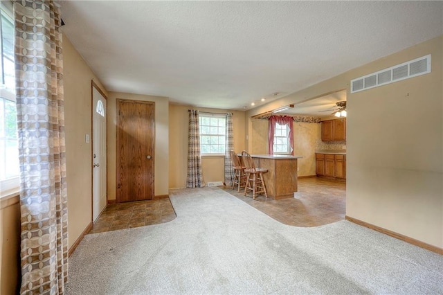 8713 Old Stagecoach Rd, Kansas City, MO 64154 - entrance foyer with light colored carpet, baseboards, bar, and ceiling fan