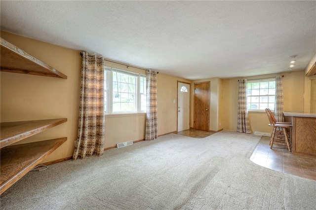 8713 Old Stagecoach Rd, Kansas City, MO 64154 - unfurnished living room featuring a textured ceiling, carpet, and baseboards