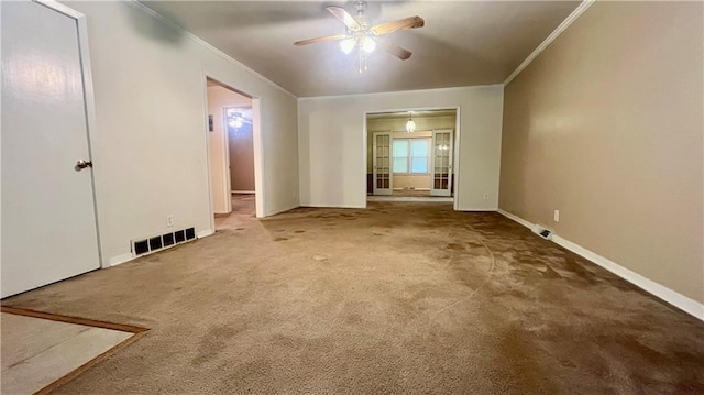 1445 E 77th St, Kansas City, MO 64131 - carpeted empty room featuring ornamental molding and a ceiling fan