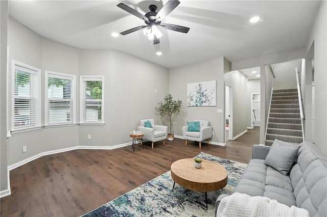 602 N College St, Richmond, MO 64085 - living room with ceiling fan, wood finished floors, stairway, and recessed lighting