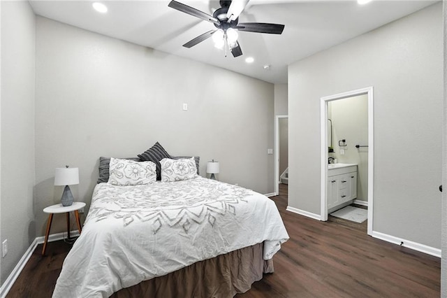 602 N College St, Richmond, MO 64085 - bedroom featuring dark wood-type flooring, recessed lighting, connected bathroom, and ceiling fan