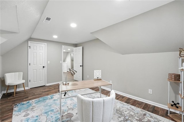 602 N College St, Richmond, MO 64085 - office area with wood finished floors, vaulted ceiling, and recessed lighting