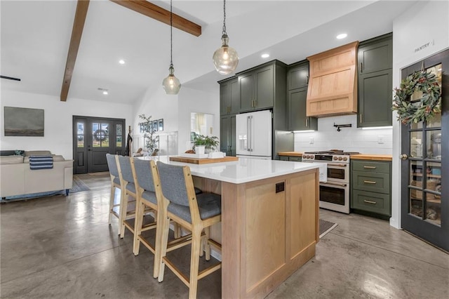 2363 Bainbridge Rd, Bates City, MO 64011 - kitchen featuring white refrigerator, double oven range, finished concrete floors, tasteful backsplash, and recessed lighting