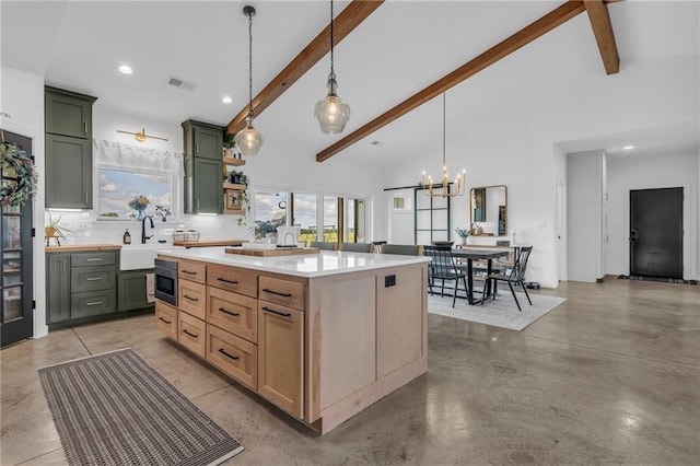 2363 Bainbridge Rd, Bates City, MO 64011 - kitchen with beamed ceiling, green cabinets, light countertops, decorative backsplash, and finished concrete floors
