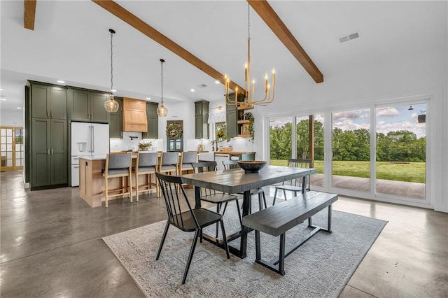 2363 Bainbridge Rd, Bates City, MO 64011 - dining area with high vaulted ceiling, concrete flooring, beamed ceiling, a chandelier, and recessed lighting