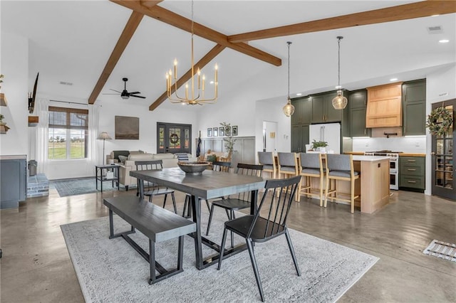 2363 Bainbridge Rd, Bates City, MO 64011 - dining area with finished concrete flooring, beamed ceiling, ceiling fan, high vaulted ceiling, and a chandelier