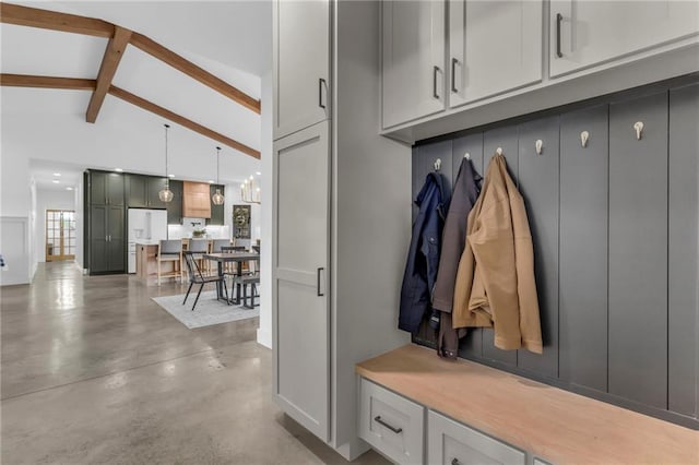 2363 Bainbridge Rd, Bates City, MO 64011 - mudroom with beamed ceiling, concrete floors, and high vaulted ceiling