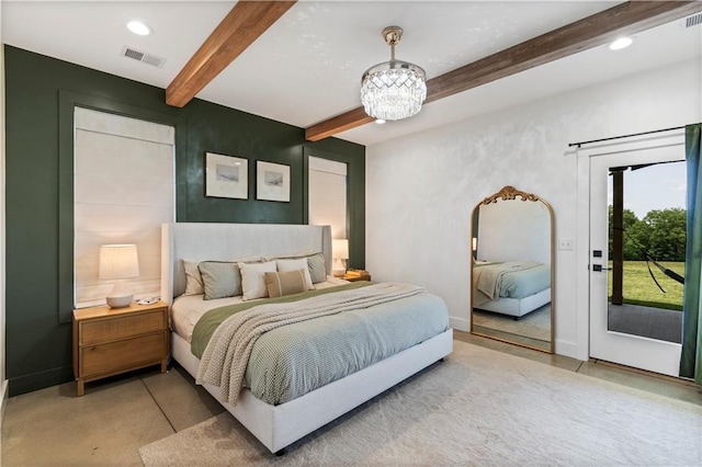 2363 Bainbridge Rd, Bates City, MO 64011 - bedroom with beamed ceiling, access to exterior, a chandelier, baseboards, and recessed lighting